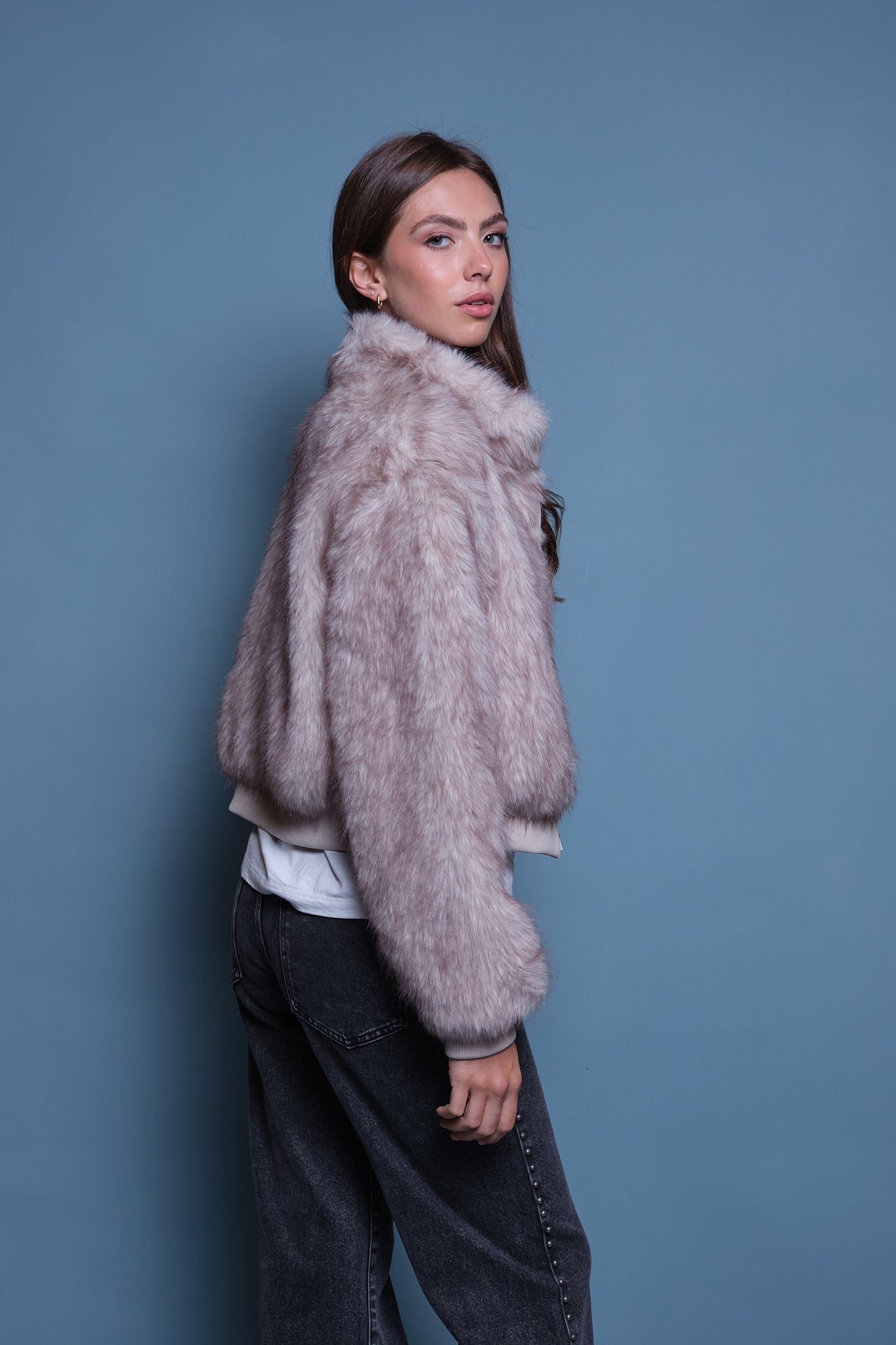 CHAQUETA FAUX FUR BOMBER GRIS HIELO