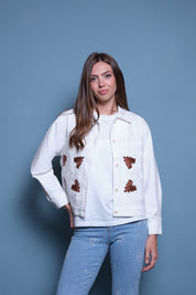 CHAQUETA DENIM BLANCA BORDADO CAFE FLORAL