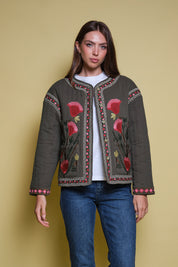 CHAQUETA VERDE ACOLCHADA  BORDADO FLORAL STATEMENT