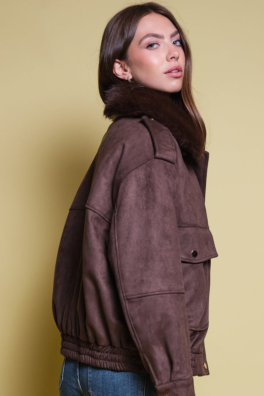 CHAQUETA GAMUZA CAFE CUELLO FAUX FUR