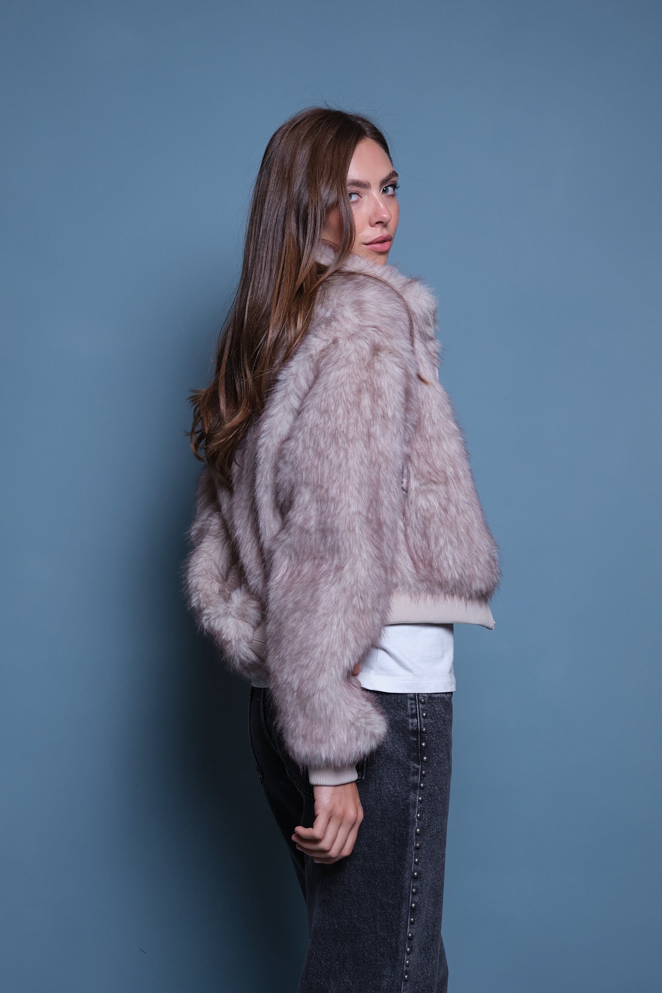 CHAQUETA FAUX FUR BOMBER GRIS HIELO