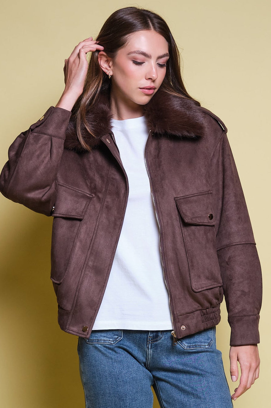 CHAQUETA GAMUZA CAFE CUELLO FAUX FUR