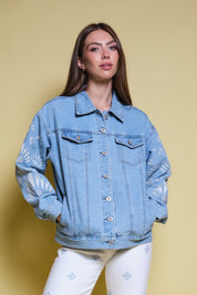 CHAQUETA DENIM AZUL BORDADO FLORAL MANGAS