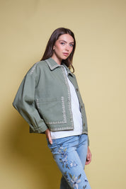 CHAQUETA VERDE BORDADO FLORAL BEIGE