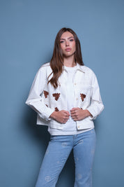 CHAQUETA DENIM BLANCA BORDADO CAFE FLORAL