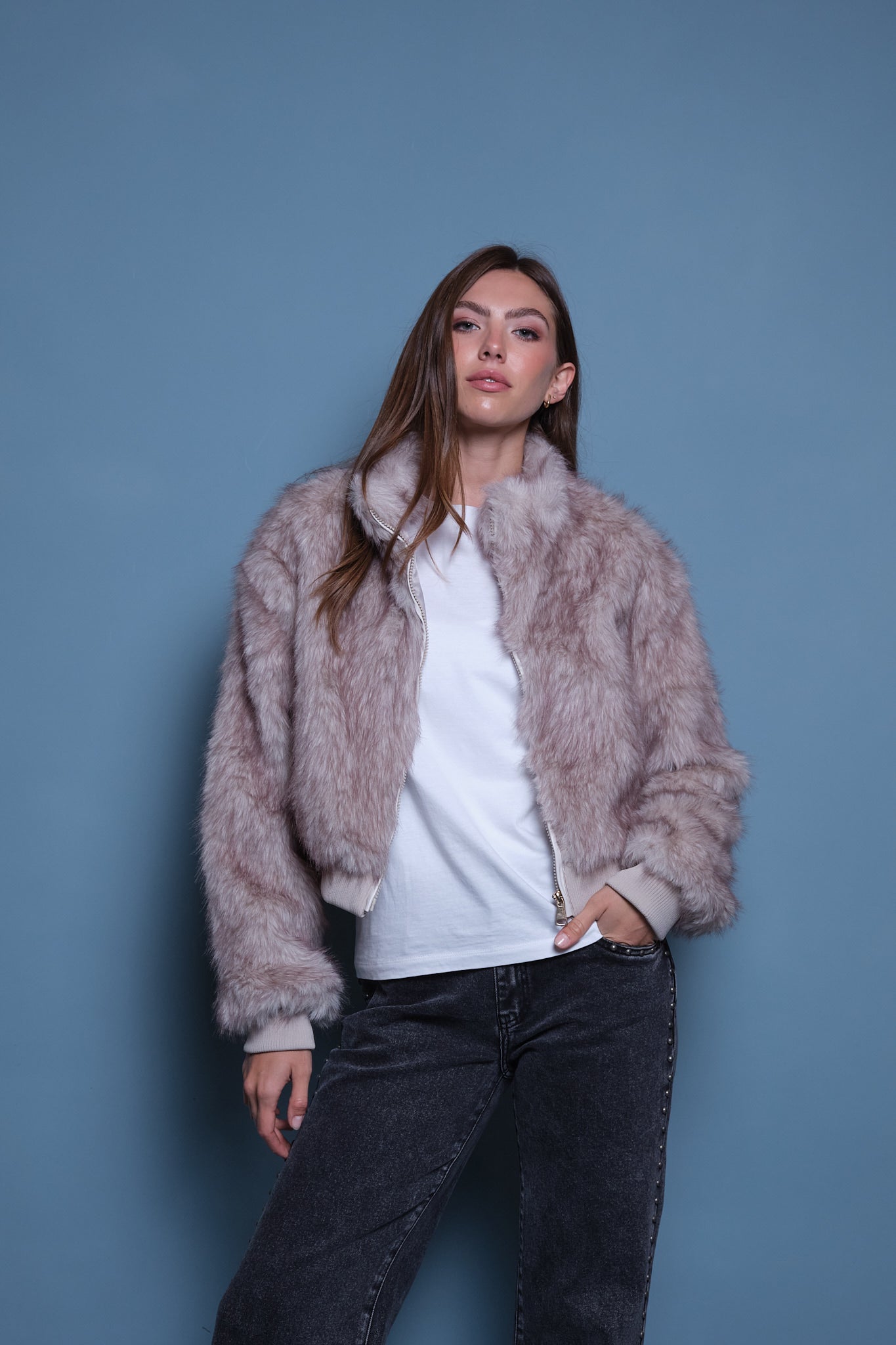CHAQUETA FAUX FUR BOMBER GRIS HIELO