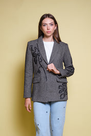 BLAZER ESPIGA GRIS Y NEGRO BORDADO FLORAL
