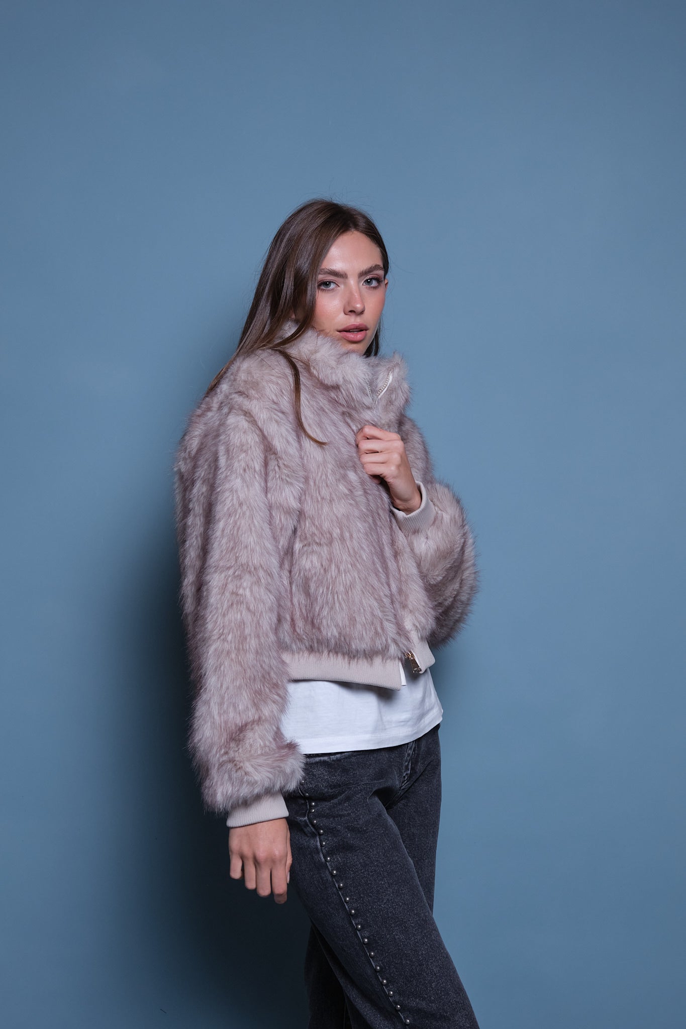 CHAQUETA FAUX FUR BOMBER GRIS HIELO