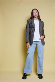 BLAZER ESPIGA GRIS Y NEGRO BORDADO FLORAL