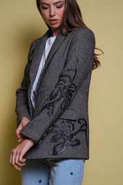 BLAZER ESPIGA GRIS Y NEGRO BORDADO FLORAL