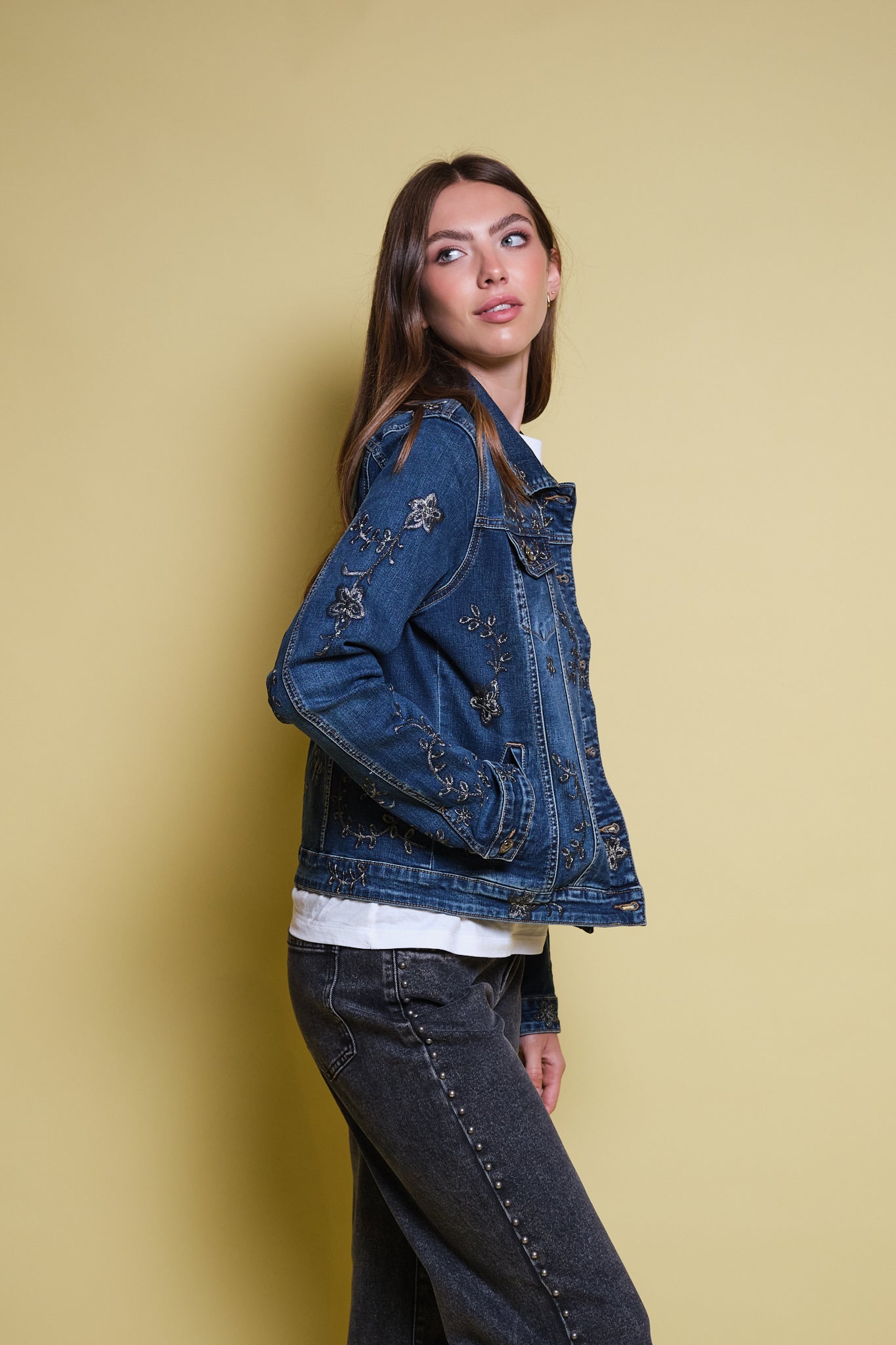 CHAQUETA DENIM TOTAL BORDADO FLORAL METALIZADO