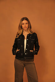 CHAQUETA DENIM NEGRA BORDADO IKAT