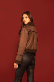 CHAQUETA BIKER GAMUZA VEGANA CON SHERPA CAFE