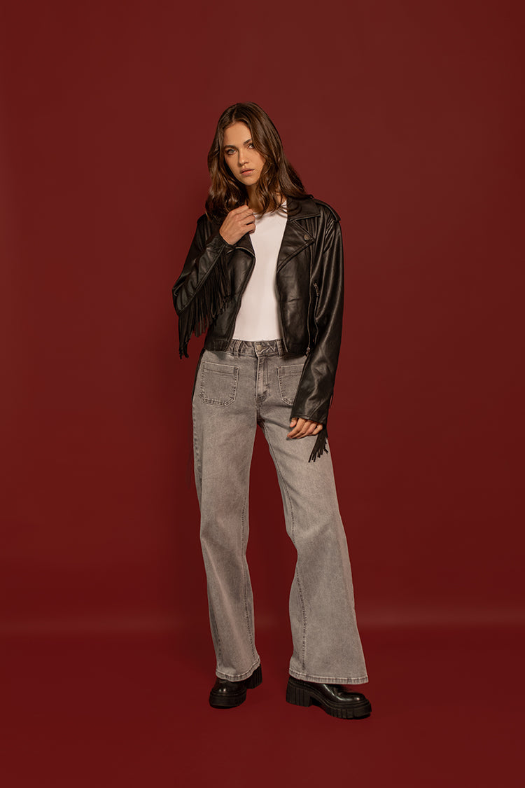 CHAQUETA BIKER CUERO VEGANO CON FLECOS