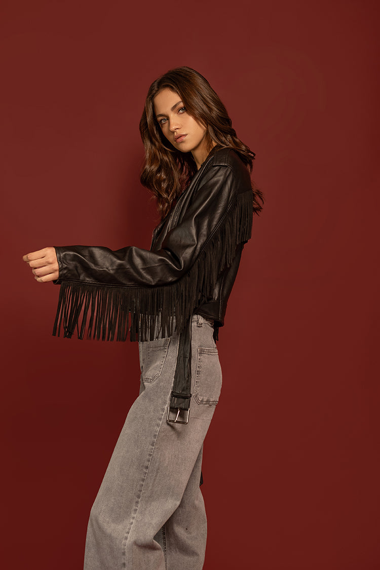 CHAQUETA BIKER CUERO VEGANO CON FLECOS