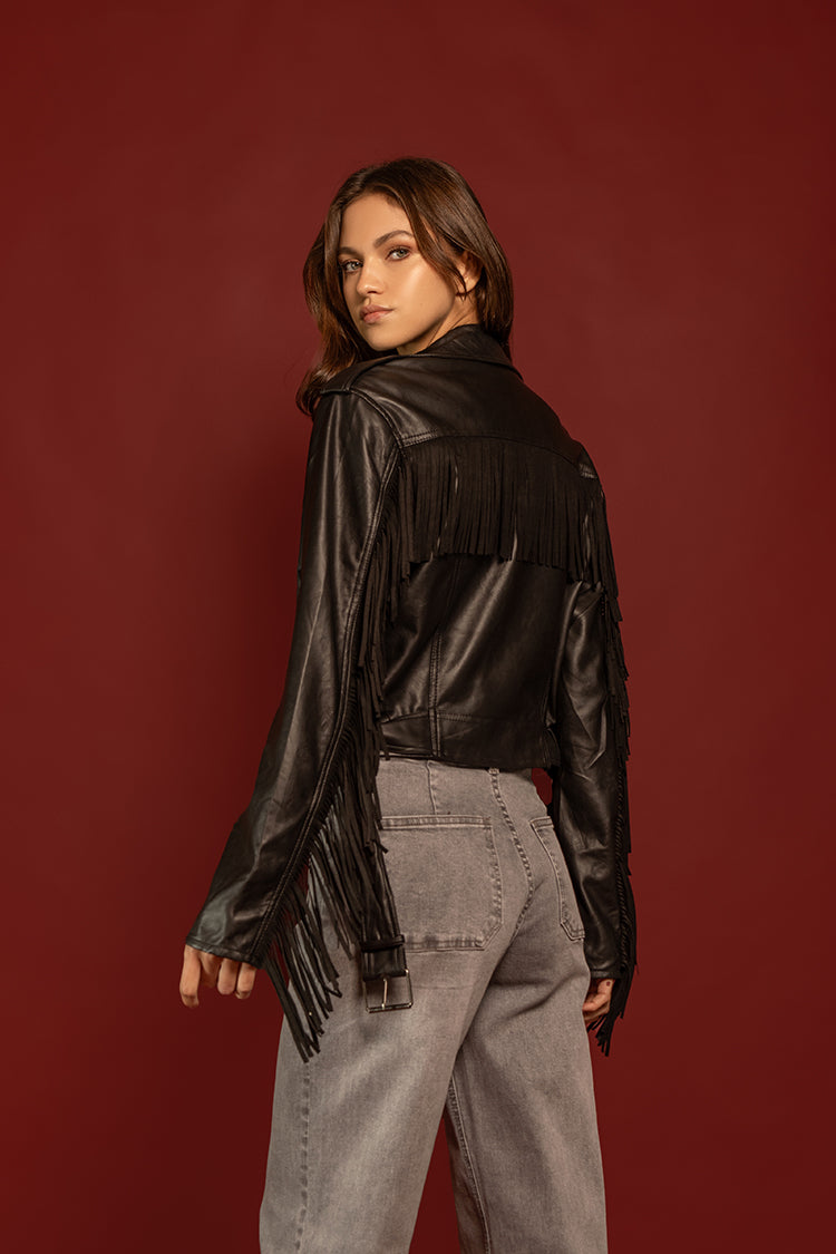 CHAQUETA BIKER CUERO VEGANO CON FLECOS