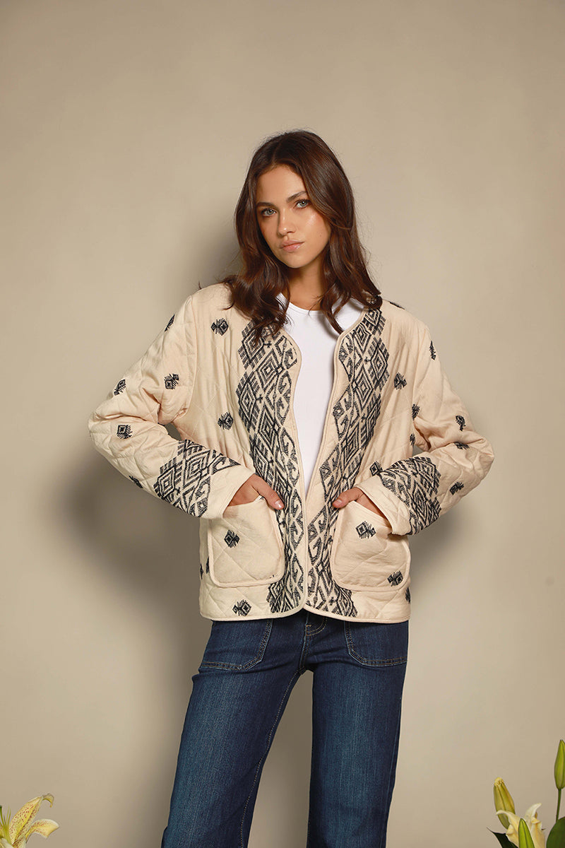 CHAQUETA SEMI ACOLCHADA BORDADO BOHO BEIGE