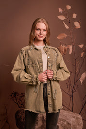 CHAQUETA DENIM VERDE DESGASTADA CON RHINESTONES