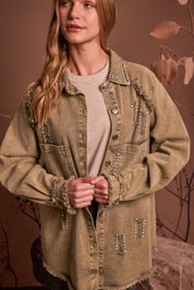 CHAQUETA DENIM VERDE DESGASTADA CON RHINESTONES