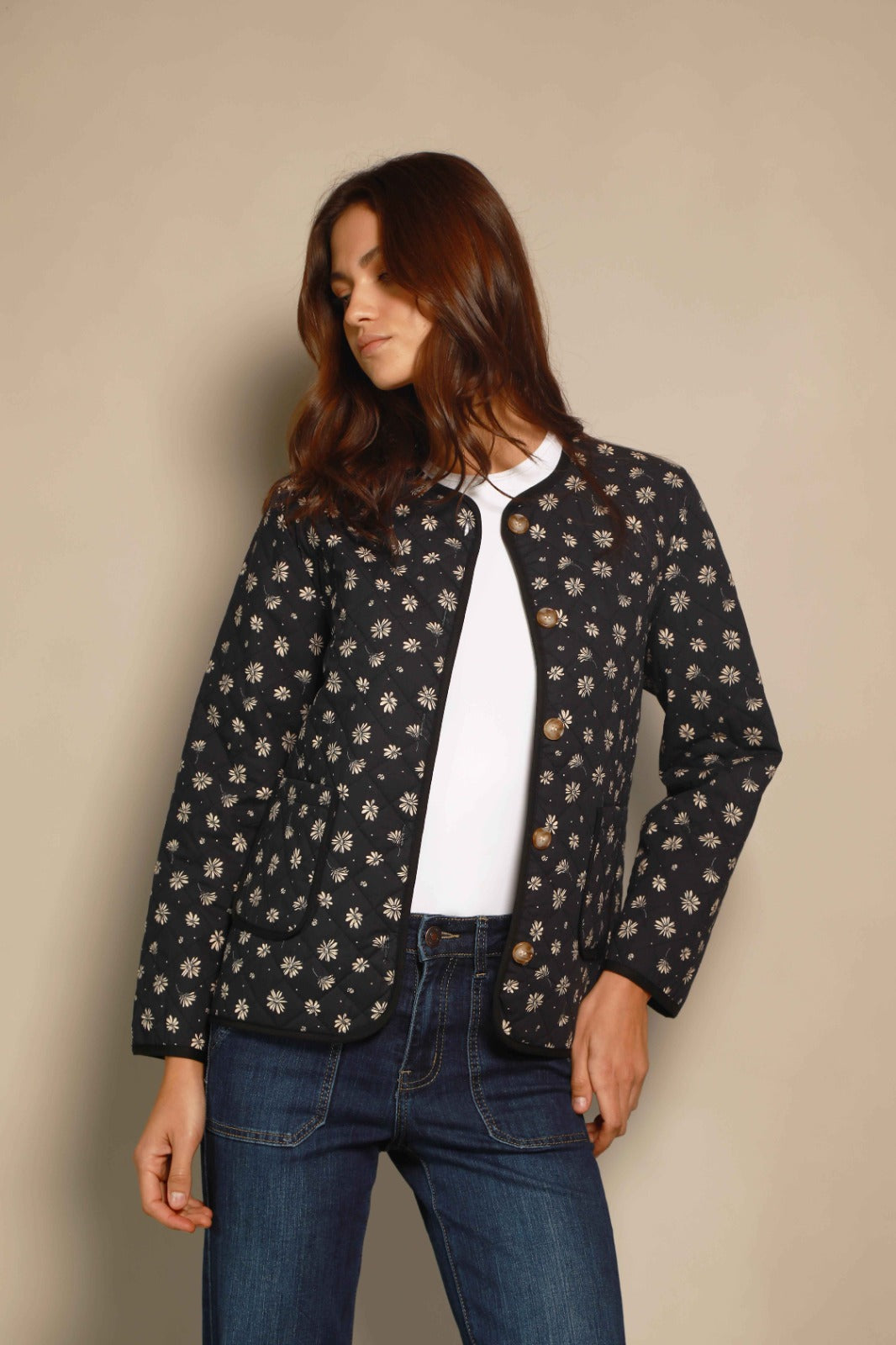 CHAQUETA SEMI ACOLCHADO AZUL FLORES